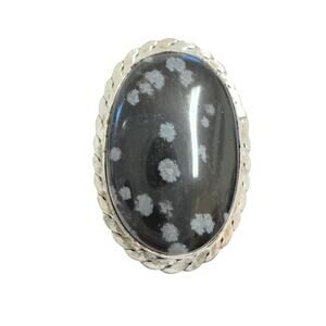 Genuine natural snowflake obsidian gemstone ring silver overlay adjustable